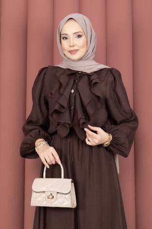 Önü Fırfır Detaylı Etekli Tesettür Takım Kahve - Thumbnail