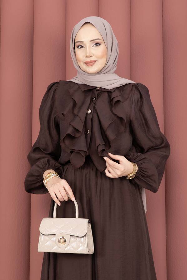 Htn - Önü Fırfır Detaylı Etekli Tesettür Takım Kahve (1)