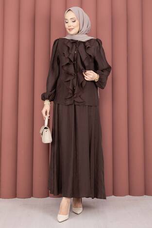 Önü Fırfır Detaylı Etekli Tesettür Takım Kahve - Thumbnail
