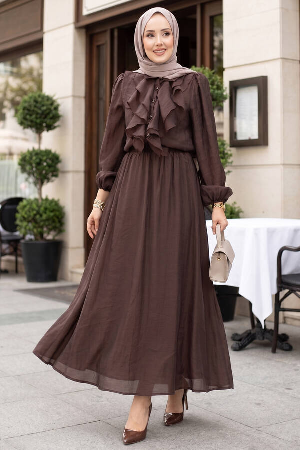 Htn - Önü Fırfır Detaylı Etekli Tesettür Takım Kahve