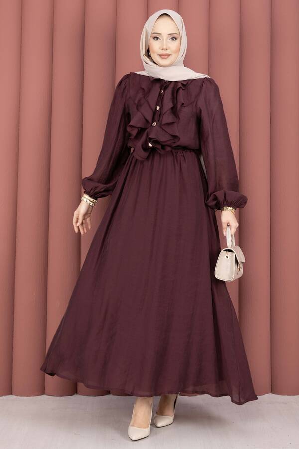 Htn - Önü Fırfır Detaylı Etekli Tesettür Takım Mürdüm