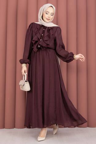 Önü Fırfır Detaylı Etekli Tesettür Takım Mürdüm - Thumbnail