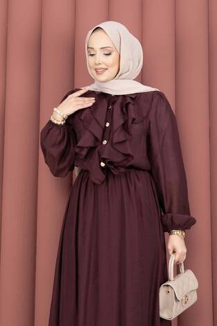 Önü Fırfır Detaylı Etekli Tesettür Takım Mürdüm - Thumbnail