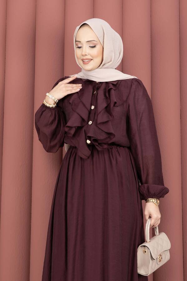 Htn - Önü Fırfır Detaylı Etekli Tesettür Takım Mürdüm (1)