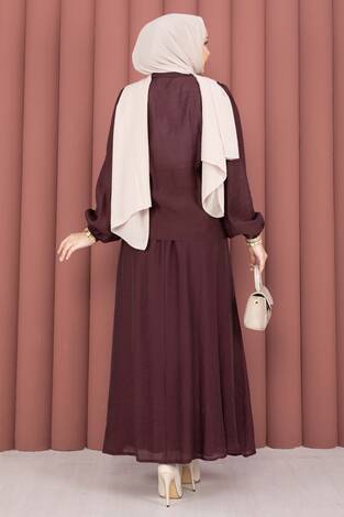 Önü Fırfır Detaylı Etekli Tesettür Takım Mürdüm - Thumbnail