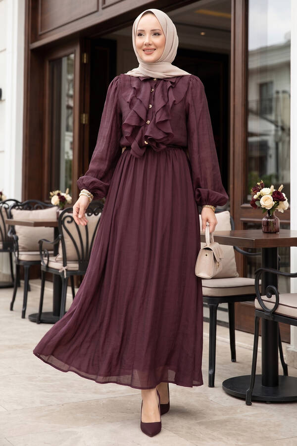 Htn - Önü Fırfır Detaylı Etekli Tesettür Takım Mürdüm