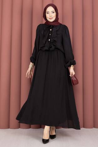 Önü Fırfır Detaylı Etekli Tesettür Takım Siyah