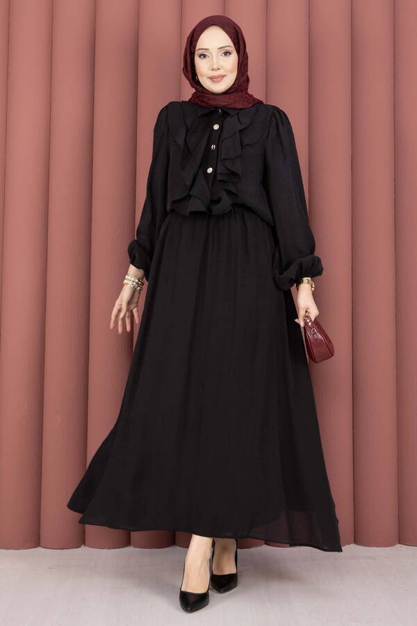 Htn - Önü Fırfır Detaylı Etekli Tesettür Takım Siyah