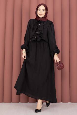 Önü Fırfır Detaylı Etekli Tesettür Takım Siyah - Thumbnail