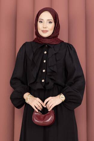 Önü Fırfır Detaylı Etekli Tesettür Takım Siyah - Thumbnail