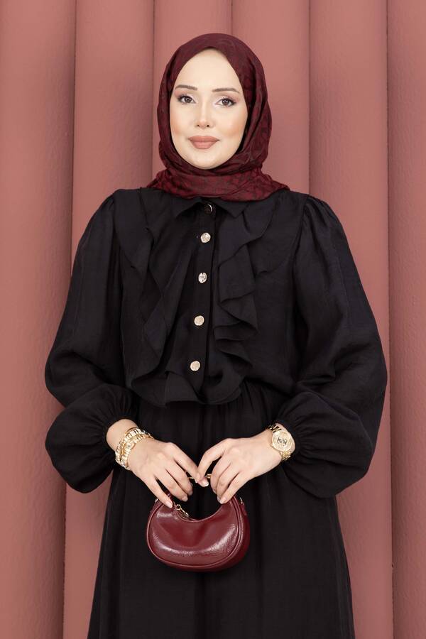 Htn - Önü Fırfır Detaylı Etekli Tesettür Takım Siyah (1)