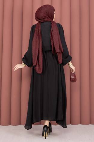 Önü Fırfır Detaylı Etekli Tesettür Takım Siyah - Thumbnail