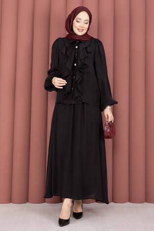 Önü Fırfır Detaylı Etekli Tesettür Takım Siyah - Thumbnail