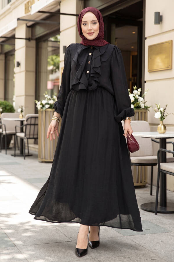 Htn - Önü Fırfır Detaylı Etekli Tesettür Takım Siyah