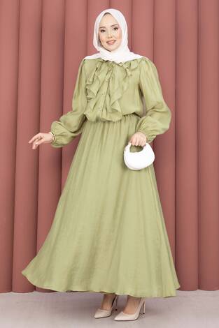 Önü Fırfır Detaylı Etekli Tesettür Takım Yağ Yeşil - Thumbnail