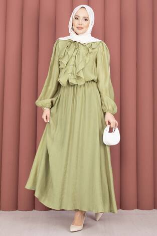 Önü Fırfır Detaylı Etekli Tesettür Takım Yağ Yeşil - Thumbnail