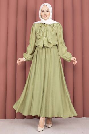Önü Fırfır Detaylı Etekli Tesettür Takım Yağ Yeşil - Thumbnail