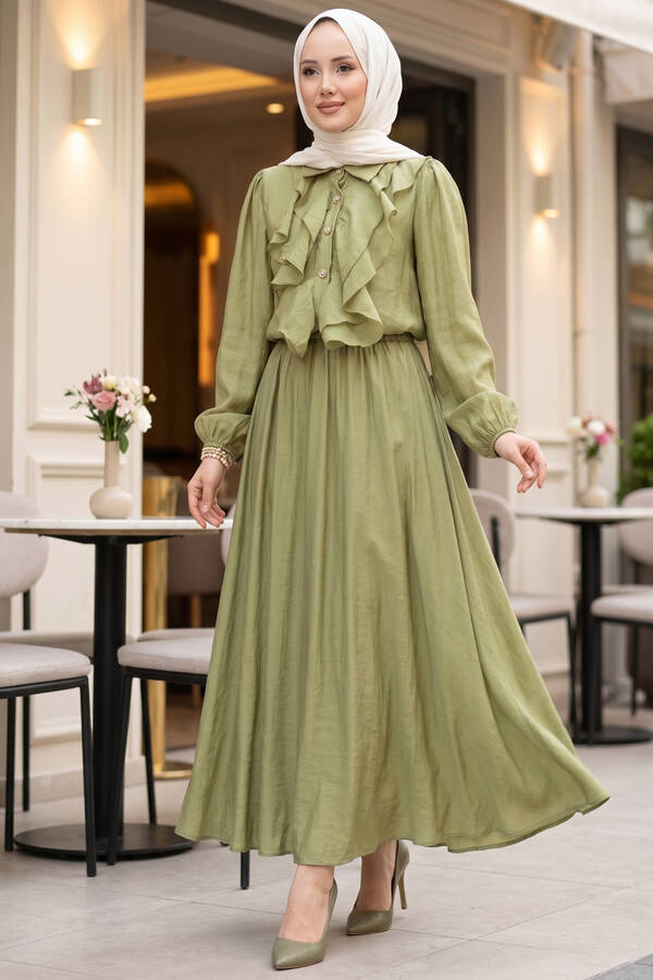Htn - Önü Fırfır Detaylı Etekli Tesettür Takım Yağ Yeşil