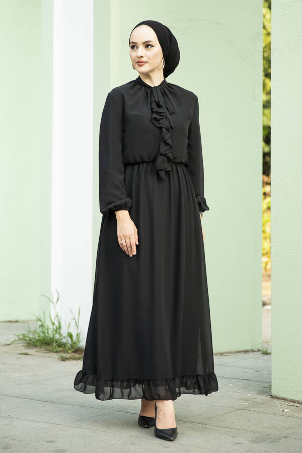 Önü Fırfır Detaylı Şifon Elbise Siyah