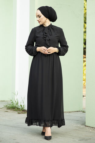 Önü Fırfır Detaylı Şifon Elbise Siyah - Thumbnail