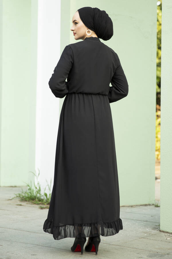 Önü Fırfır Detaylı Şifon Elbise Siyah