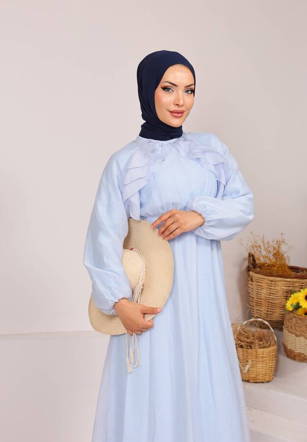 Önü Fırfırlı Bağcık Detaylı Tesettür Elbise Bebe Mavisi - 3
