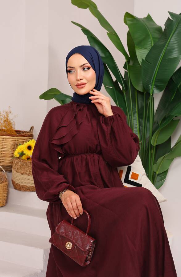 Önü Fırfırlı Bağcık Detaylı Tesettür Elbise Mürdüm - 7
