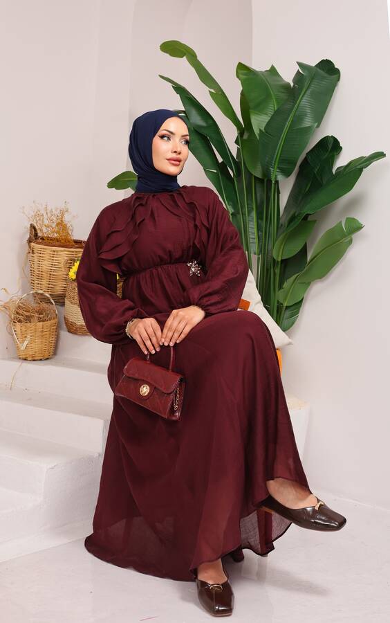 Önü Fırfırlı Bağcık Detaylı Tesettür Elbise Mürdüm - 5