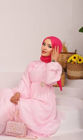 Önü Fırfırlı Bağcık Detaylı Tesettür Elbise Pembe - Thumbnail