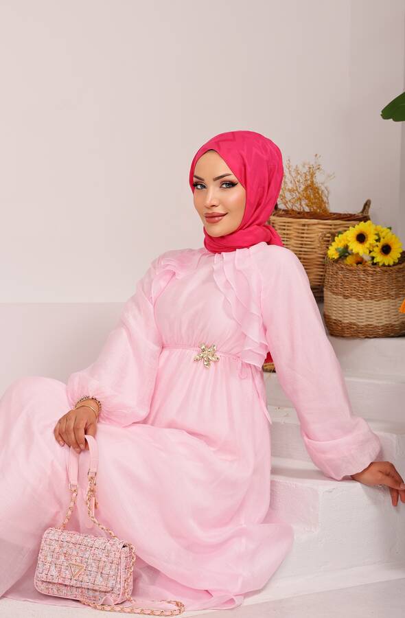Önü Fırfırlı Bağcık Detaylı Tesettür Elbise Pembe - 3