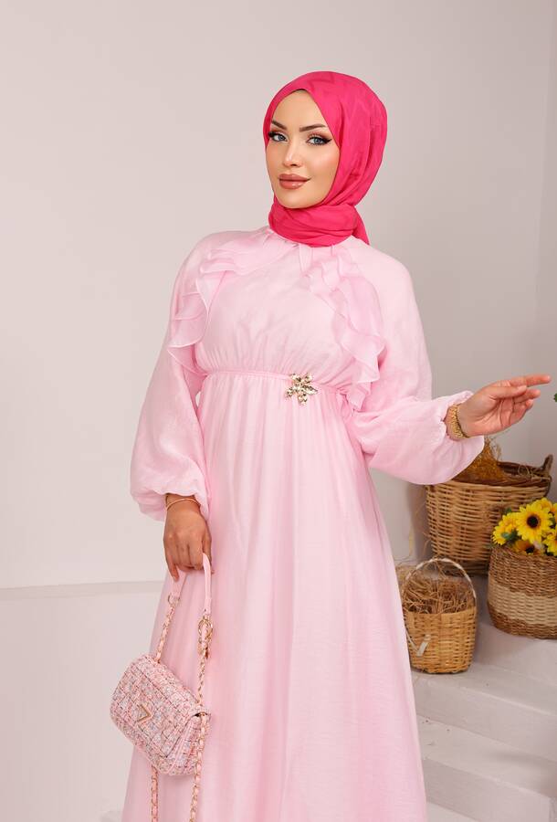 Önü Fırfırlı Bağcık Detaylı Tesettür Elbise Pembe - 4