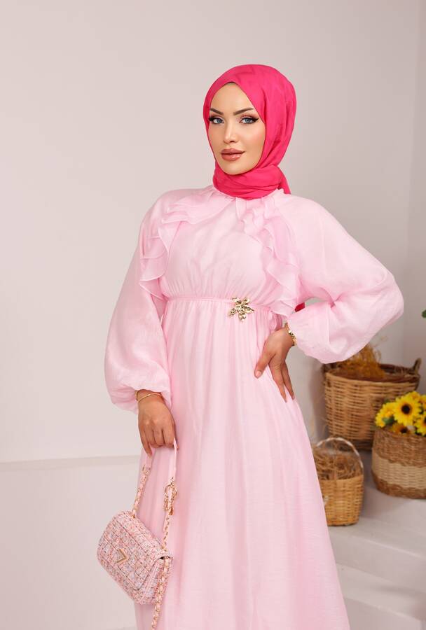 Önü Fırfırlı Bağcık Detaylı Tesettür Elbise Pembe - 5