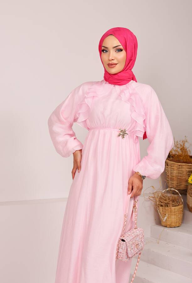 Önü Fırfırlı Bağcık Detaylı Tesettür Elbise Pembe - 6