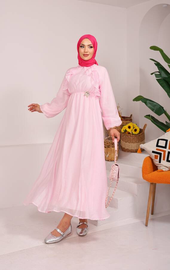 Önü Fırfırlı Bağcık Detaylı Tesettür Elbise Pembe - 7