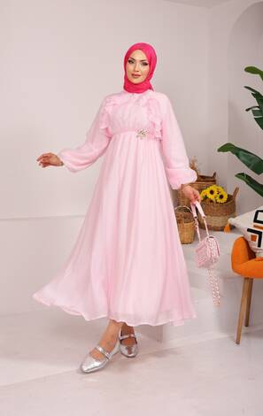 Önü Fırfırlı Bağcık Detaylı Tesettür Elbise Pembe