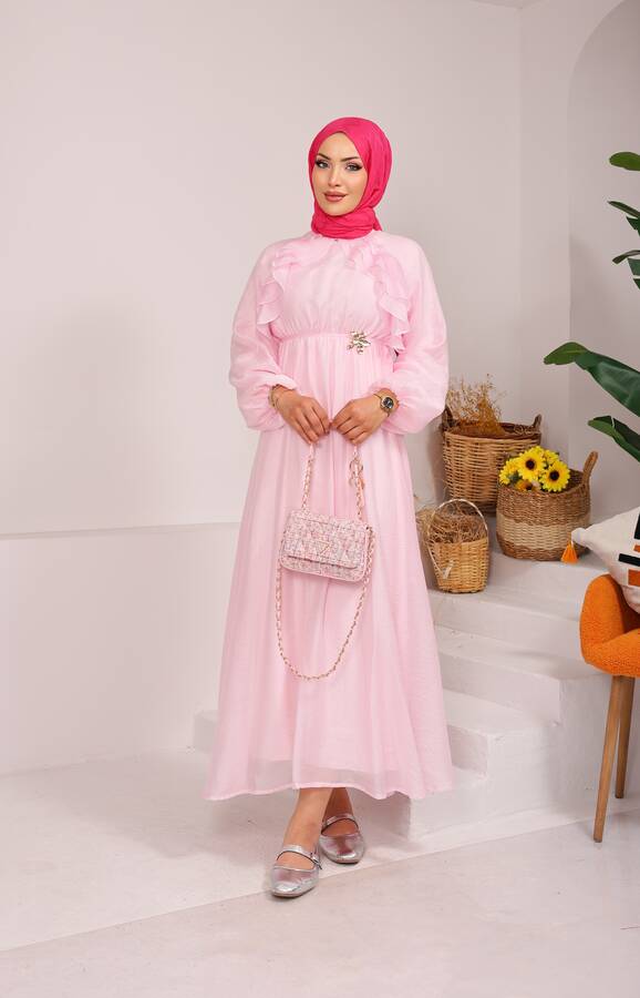 Önü Fırfırlı Bağcık Detaylı Tesettür Elbise Pembe - 8