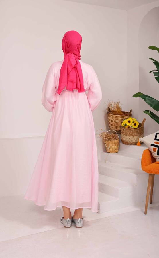 Önü Fırfırlı Bağcık Detaylı Tesettür Elbise Pembe - 10