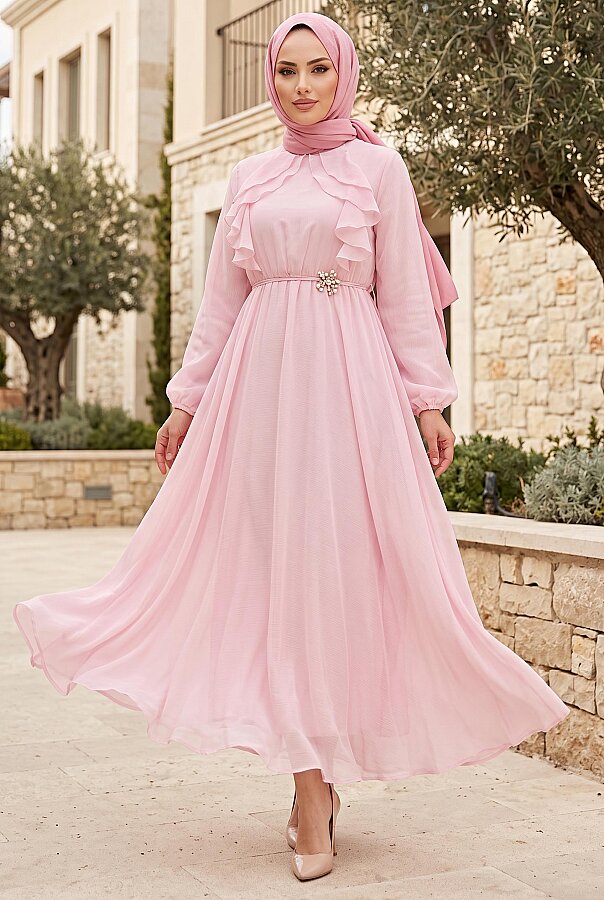 Önü Fırfırlı Bağcık Detaylı Tesettür Elbise Pembe
