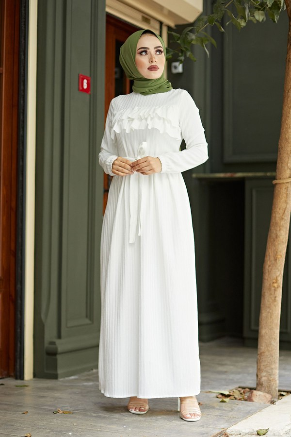 Önü Fırfırlı Elbise 1359-1 Beyaz