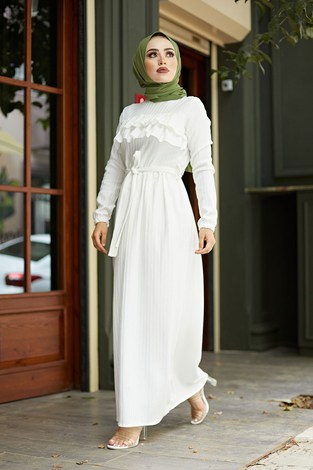 Önü Fırfırlı Elbise 1359-1 Beyaz - Thumbnail