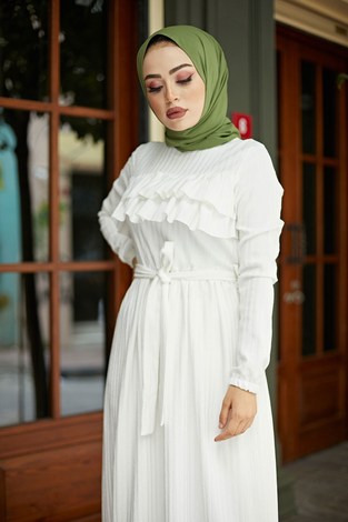 Önü Fırfırlı Elbise 1359-1 Beyaz - Thumbnail