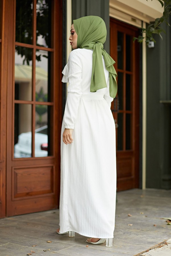 Önü Fırfırlı Elbise 1359-1 Beyaz