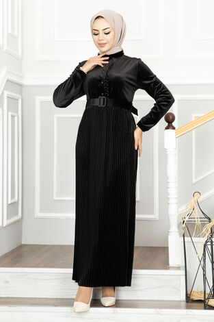 Önü Fırfırlı Kadife Tesettür Elbise Siyah - Thumbnail