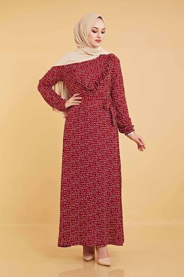 Önü Fırfırlı Karma Desen Elbise 120NY8843 Bordo Önü Fırfırlı Karma Desen Elbise 120NY8843 Bordo