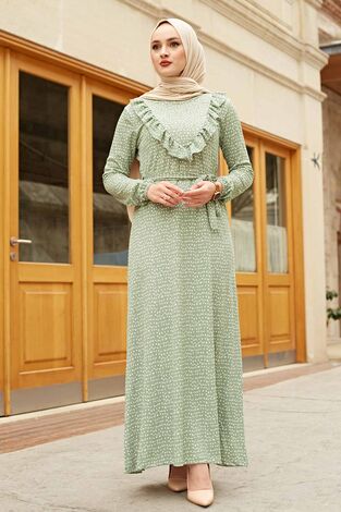 Önü Fırfırlı Karma Desen Elbise 120NY8843 Çağla Yeşili - Thumbnail
