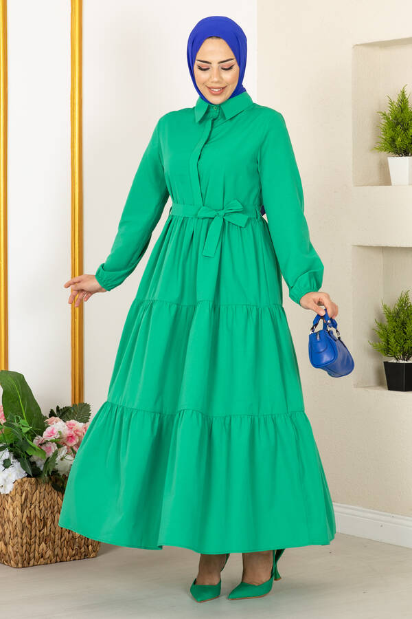 Önü Patlı Tesettür Elbise Yeşil