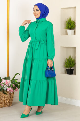 Önü Patlı Tesettür Elbise Yeşil - Thumbnail