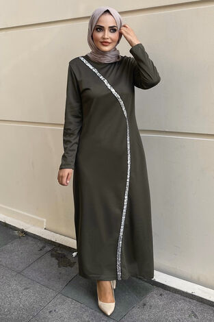 Önü Pul Payetli Tesettür Abiye Elbise 100MD-10410 Haki - Thumbnail