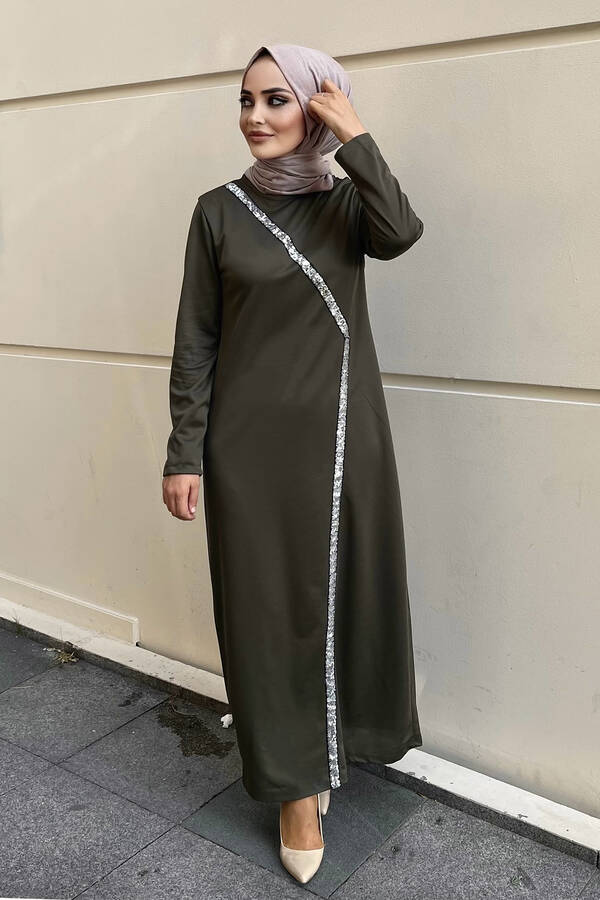 Önü Pul Payetli Tesettür Abiye Elbise 100MD-10410 Haki