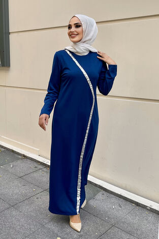 Önü Pul Payetli Abiye Elbise 100MD-10410 İndigo - Thumbnail